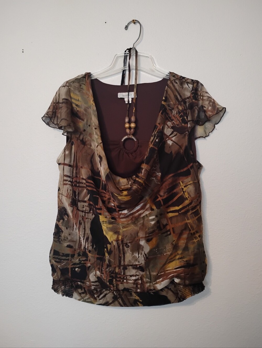 Dress Barn Abstract Camo Cowl Halter Bead Neckline Cinched Hem Dress Shirt